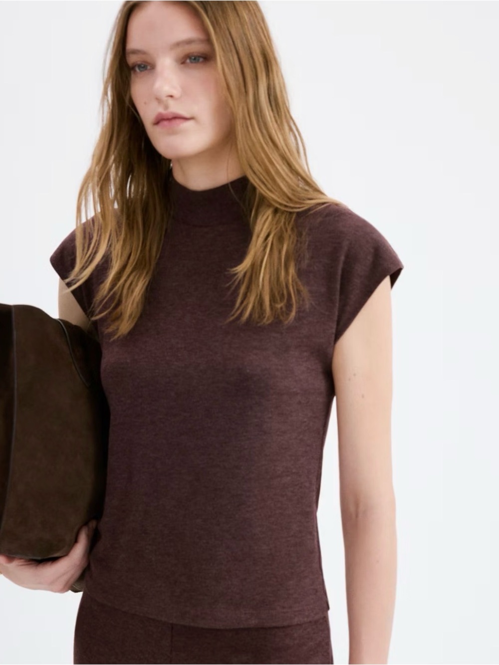 Mango HIGH COLLAR T-SHIRT Burgundy Small New